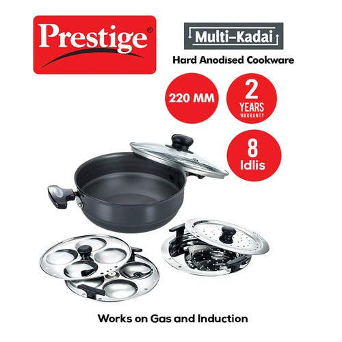 Prestige Hard Anodised Induction Base Multi-Kadai with Glass Lid (Dhokla Plate, Patra Plate, Idli Plates), (30610)