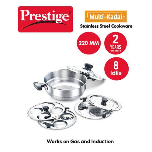 Prestige Stainless Steel Induction Base Multi-Kadai with Glass Lid (Dhokla Plate, Patra Plate, Idli Plates), 22cm (36016)