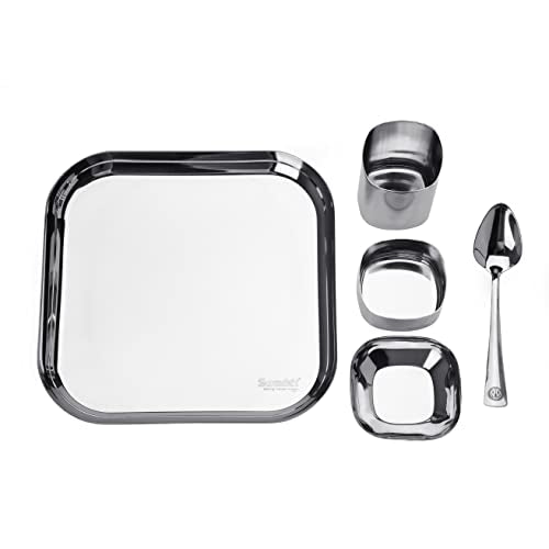 Sumeet Square Stainless Steel Heavy Gauge Mirror Finish Dinner set of 5 Pc (1 Plate, 1 Halwa Plate, 1 Bowl , 1 Glass, 1 Spoon)