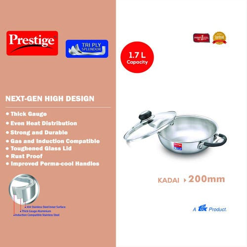 Prestige Tri Ply Splendor Stainless Steel Gas and Induction Compatible Kadai with Glass Lid (37422)