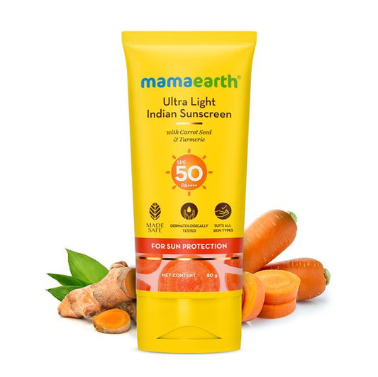 Mamaearth Ultra Light Indian Sunscreen with Carrot Seed, Turmeric and SPF 50 PA++++ - 80g