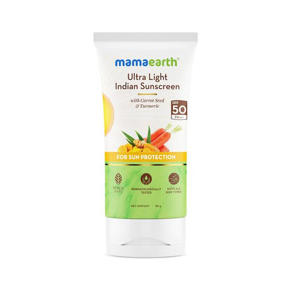 Mamaearth Ultra Light Indian Sunscreen with Carrot Seed, Turmeric, and SPF 50 PA+++ - 50 g