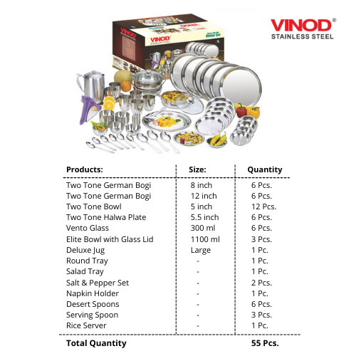 Vinod Stainless Steel 55 Pieces Two Tone Dinner Set For Six Person