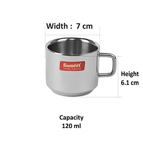 Sumeet Stainless Steel Double Wall Tea and Coffee Cups Set of 6Pcs (120 Ml Each)