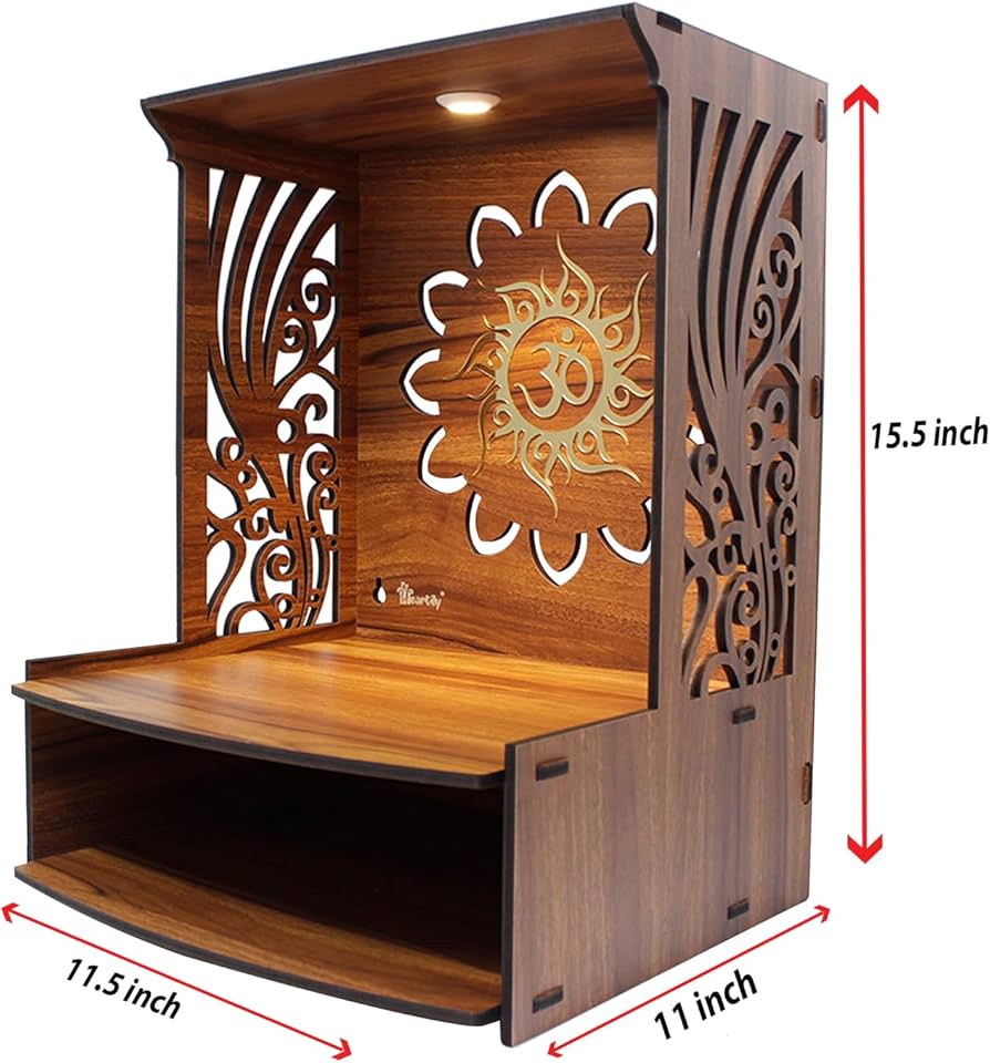 Laabh Beautiful Wooden Pooja Stand for Home Pooja Mandir for Home Temple for Home and Office Puja Mandir for Home Wall Mounted with LED Spot Light Size (H- 15.5, L- 11.5, W-11 in)