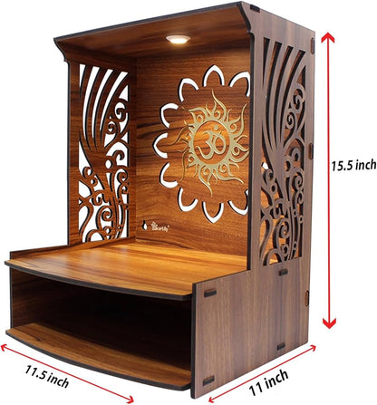 Laabh Beautiful Wooden Pooja Stand for Home Pooja Mandir for Home Temple for Home and Office Puja Mandir for Home Wall Mounted with LED Spot Light Size (H- 15.5, L- 11.5, W-11 in)