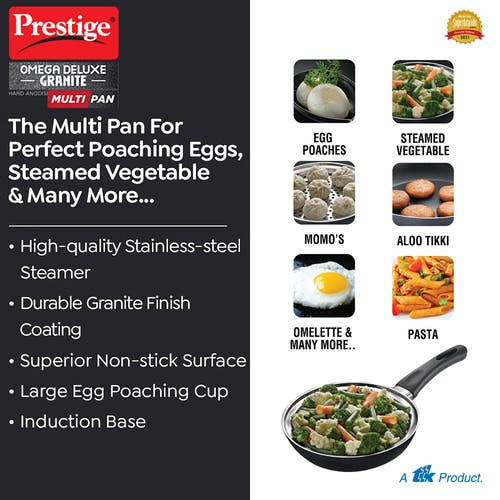 PRESTIGE OMEGA DELUXE GRANITE MULTI-PAN COOKWARE 20 cm WITH EGG POACHER 1 U, STEAMER 1 U, WITH GLASS LID