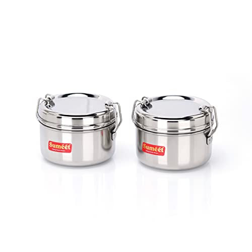 Sumeet Stainless Steel Meal Pack Lunch Box / Tiffin with Steel Separator Plate and Locking Clip, Set of 2Pc, 250ML Each, 9.5cm Dia, Silver