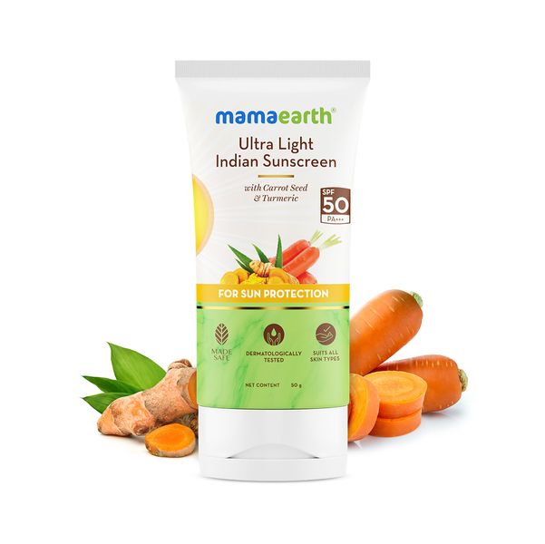 Mamaearth Ultra Light Indian Sunscreen with Carrot Seed, Turmeric, and SPF 50 PA+++ - 50 g