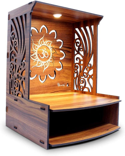 Laabh Beautiful Wooden Pooja Stand for Home Pooja Mandir for Home Temple for Home and Office Puja Mandir for Home Wall Mounted with LED Spot Light Size (H- 15.5, L- 11.5, W-11 in)