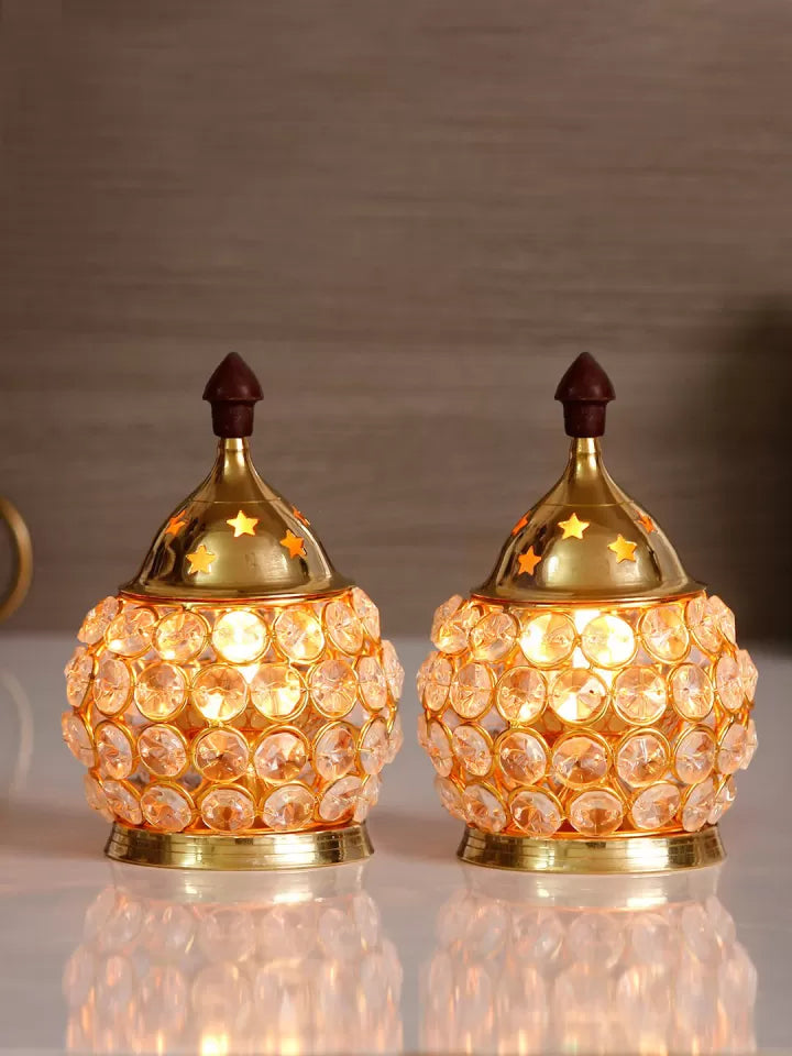 Dhevu Set Of 2 Crystal And Brass Diya