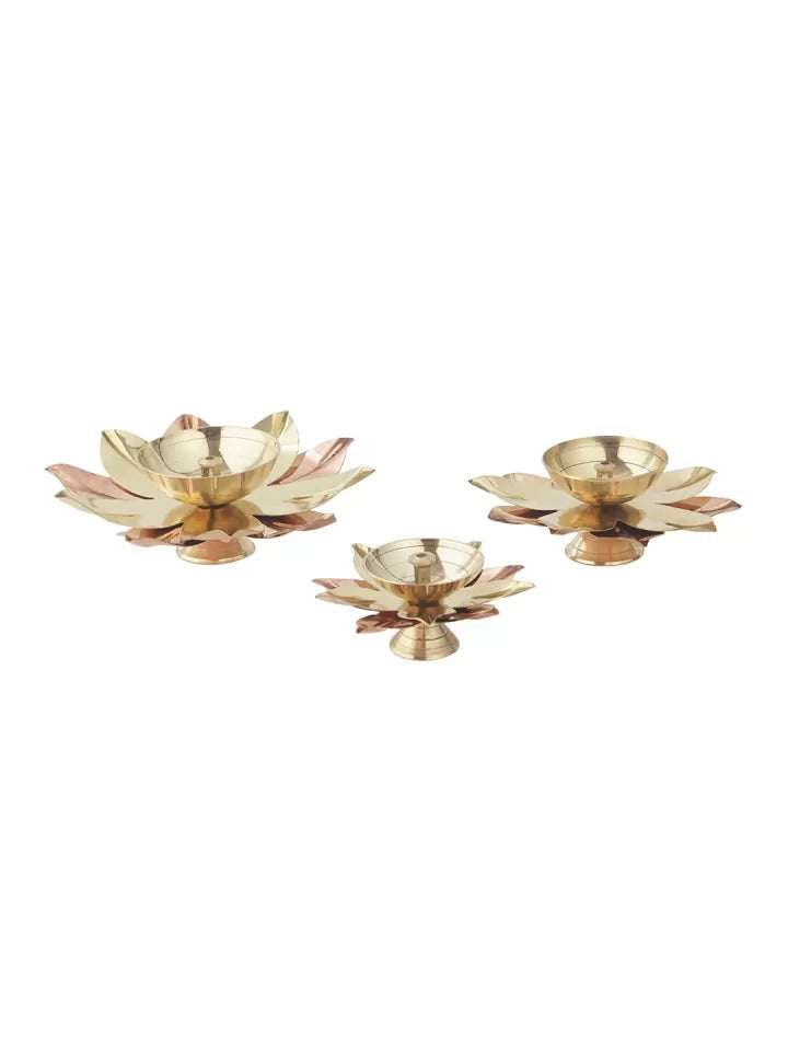 Dhevu Brass Gold Floral Diya Set Of 3