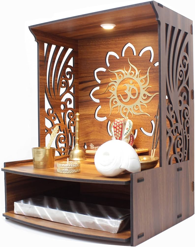 Laabh Beautiful Wooden Pooja Stand for Home Pooja Mandir for Home Temple for Home and Office Puja Mandir for Home Wall Mounted with LED Spot Light Size (H- 15.5, L- 11.5, W-11 in)