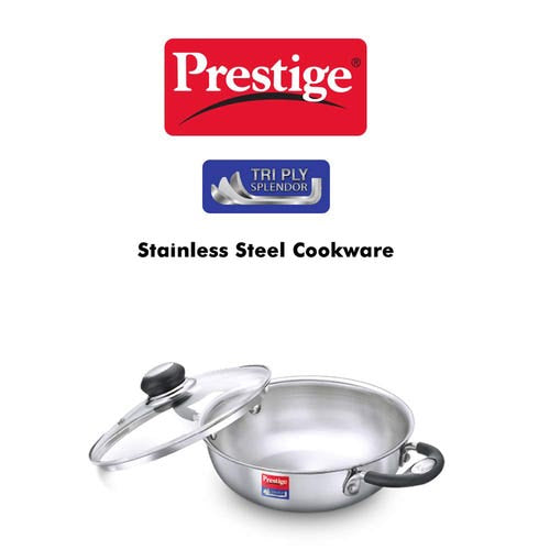 Prestige Tri Ply Splendor Stainless Steel Gas and Induction Compatible Kadai with Glass Lid (37422)