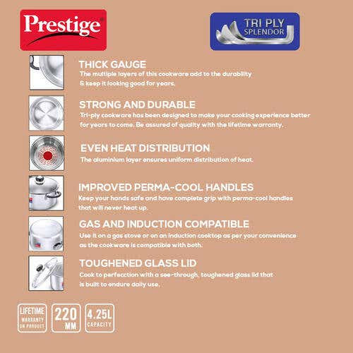 Prestige Tri Ply Splendor Stainless Steel Gas and Induction Compatible Casserole with Glass Lid, 22cm, 4.25 L (Silver)