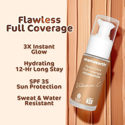 Mamaearth Hydra-Glow Full Coverage Foundation With Vitamin C & Turmeric - 30 ml | Nude Glow