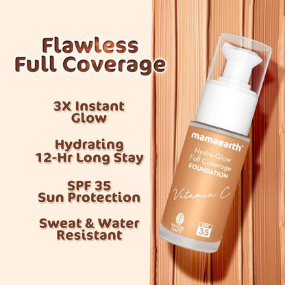 Mamaearth Hydra-Glow Full Coverage Foundation With Vitamin C & Turmeric - 30 ml | Sun Glow