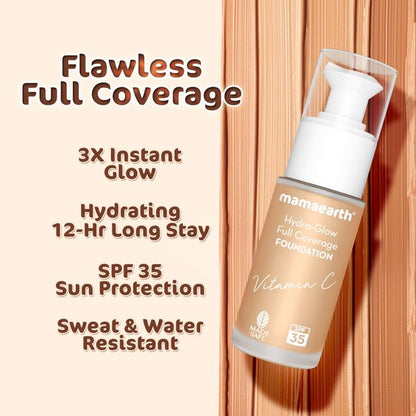 Mamaearth Hydra-Glow Full Coverage Foundation With Vitamin C & Turmeric - 30 ml | Beige Glow