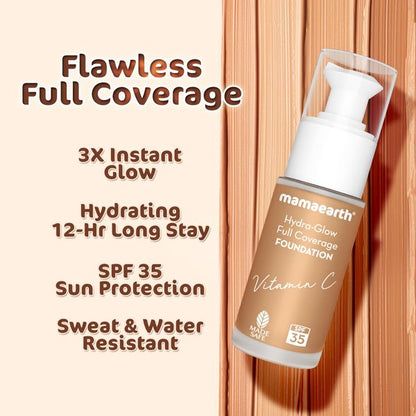 Mamaearth Hydra-Glow Full Coverage Foundation With Vitamin C & Turmeric - 30 ml | Caramel Glow