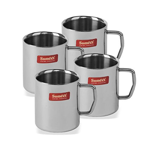 Sumeet Stainless Steel Double Wall Tea and Coffee Medium Mug Set of 4Pcs (210 Ml Each)