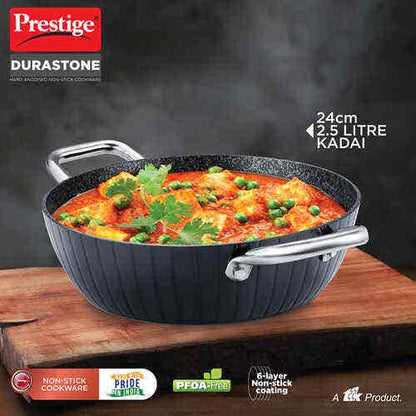 Prestige Durastone Hard Anodised 6 Layer Non-Stick Kadai with Glass Lid (37578)