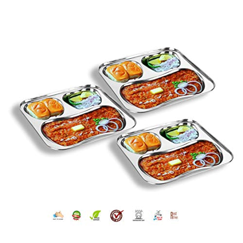 Sumeet Stainless Steel 3 in 1 Pav Bhaji Plate/Compartment Plate 24.5cm Dia - Set of 3pc