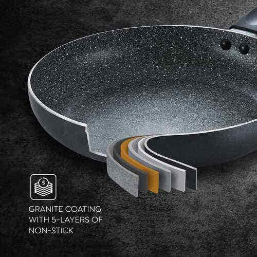 Prestige Omega Deluxe Granite 3 Piece non-stick BYK cookware set (Aluminum)|Contains Fry Pan (24cm), Omni Tawa(28cm), Kadai with lid(24cm)|(36316)