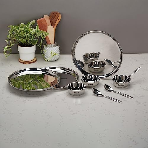 Sumeet Stainless Steel Heavy Gauge Mirror Finish Dinner Set of 9 Pcs (3 Plate, 3 Bowl/Wati, 3 Spoon), Silver