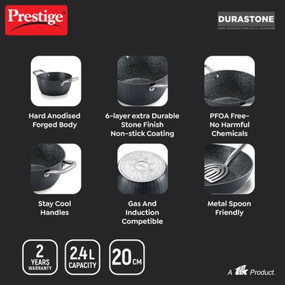 Prestige Durastone Hard Anodised 6 Layer Non-Stick Casserole with Glass Lid, 2.4L (37577)