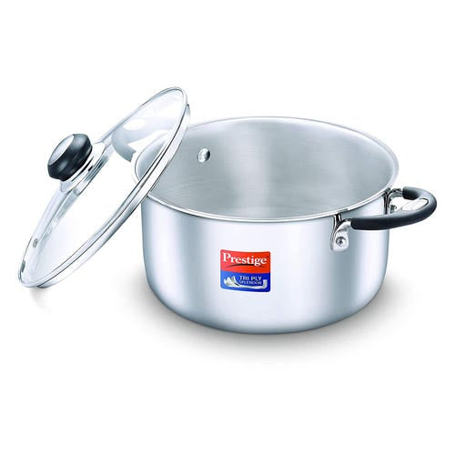 Prestige Tri Ply Splendor Stainless Steel Gas and Induction Compatible Casserole with Glass Lid, 22cm, 4.25 L (Silver)