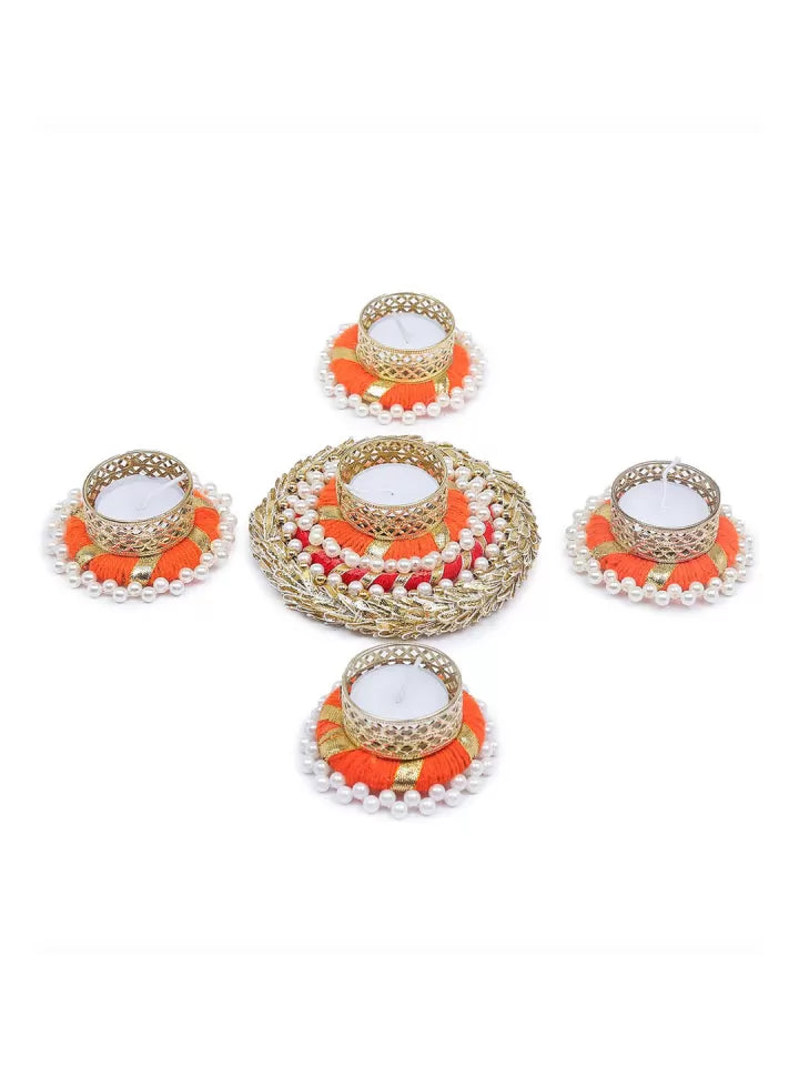 Dhevu Set of 5 Orange & Gold toned Tealight Candle Holder