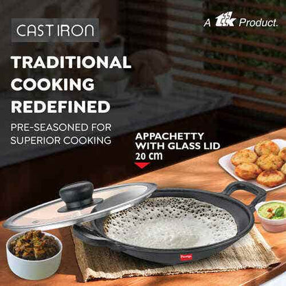 Prestige Cast Iron Cookware Appachetty with Glass Lid, Dia 20 Cm