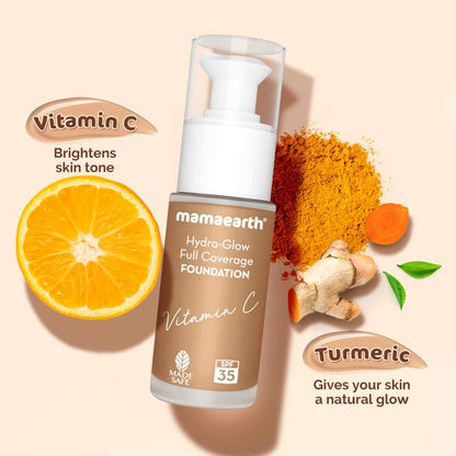 Mamaearth Hydra-Glow Full Coverage Foundation With Vitamin C & Turmeric - 30 ml | Nude Glow