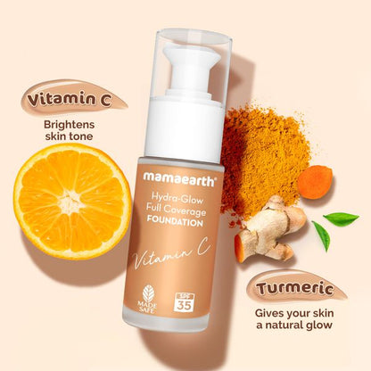 Mamaearth Hydra-Glow Full Coverage Foundation With Vitamin C & Turmeric - 30 ml | Sun Glow