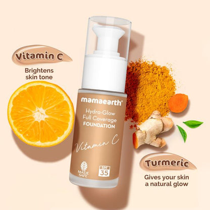 Mamaearth Hydra-Glow Full Coverage Foundation With Vitamin C & Turmeric - 30 ml | Caramel Glow