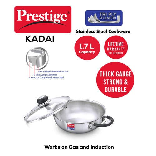 Prestige Tri Ply Splendor Stainless Steel Gas and Induction Compatible Kadai with Glass Lid (37422)