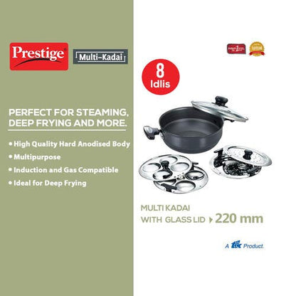 Prestige Hard Anodised Induction Base Multi-Kadai with Glass Lid (Dhokla Plate, Patra Plate, Idli Plates), (30610)