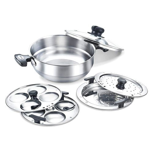 Prestige Stainless Steel Induction Base Multi-Kadai with Glass Lid (Dhokla Plate, Patra Plate, Idli Plates), 22cm (36016)