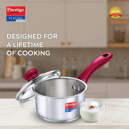 Prestige Platina Popular Stainless Steel Unique Impact Forged Bottom Sauce Pan with Glass Lid (Silver)