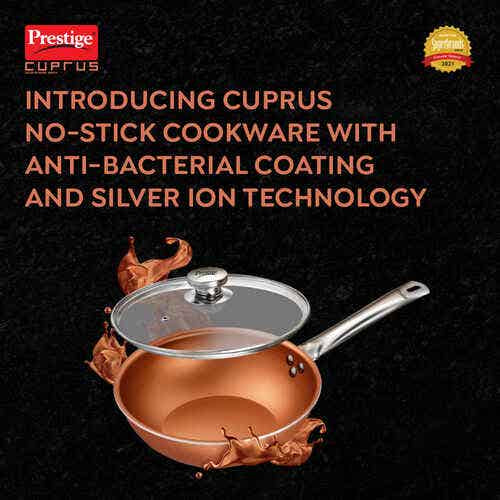 Prestige Cuprus Aluminium Gas and Induction Compatible Non-Stick Kadai with Glass Lid, (Copper)