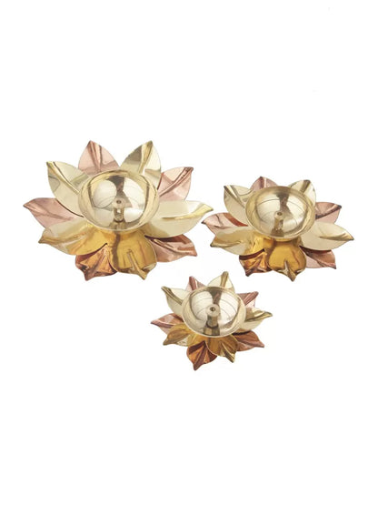 Dhevu Brass Gold Floral Diya Set Of 3