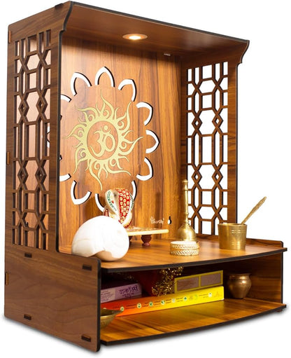 Maha Mangal Beautiful Wooden Pooja Mandir for Home Temple for Home and Office Puja Mandir Wall with LED Spot Light Size (H- 18, L- 15, W-11 Inch)