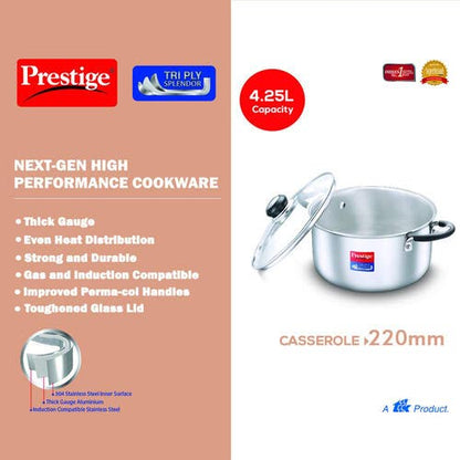 Prestige Tri Ply Splendor Stainless Steel Gas and Induction Compatible Casserole with Glass Lid, 22cm, 4.25 L (Silver)