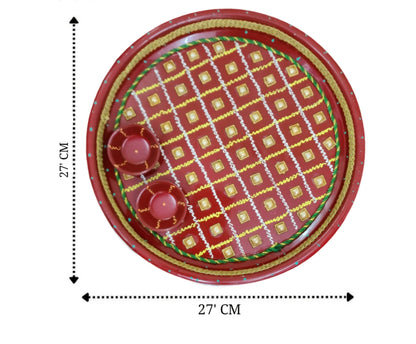 Dhevu Red Bhandej Work Pooja thali