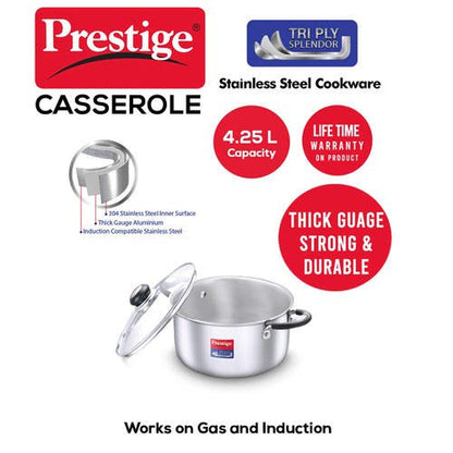 Prestige Tri Ply Splendor Stainless Steel Gas and Induction Compatible Casserole with Glass Lid, 22cm, 4.25 L (Silver)