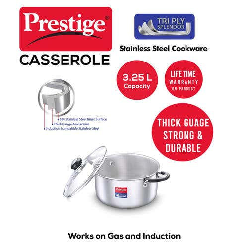 Prestige Tri Ply Splendor Stainless Steel Gas and Induction Compatible Casserole with Glass Lid, 20cm, 3.25 L (Silver)