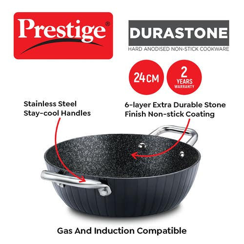 Prestige Durastone Hard Anodised 6 Layer Non-Stick Kadai with Glass Lid (37578)