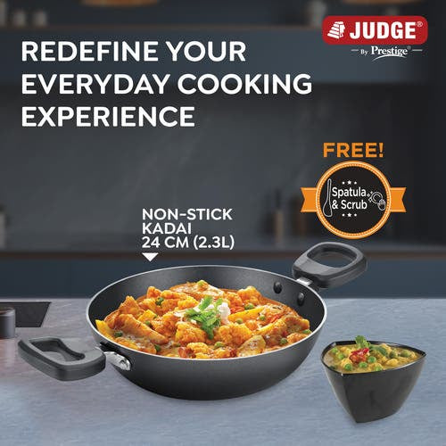 Judge by Prestige Everyday Non-Stick Kadhai| Low Oil Cooking | Easy to Clean | Cool Touch Handles