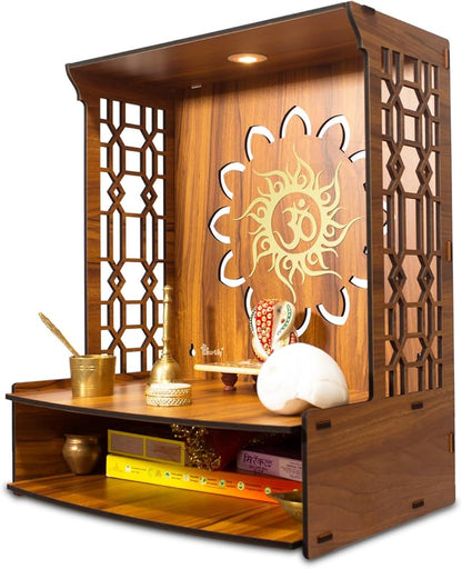 Maha Mangal Beautiful Wooden Pooja Mandir for Home Temple for Home and Office Puja Mandir Wall with LED Spot Light Size (H- 18, L- 15, W-11 Inch)