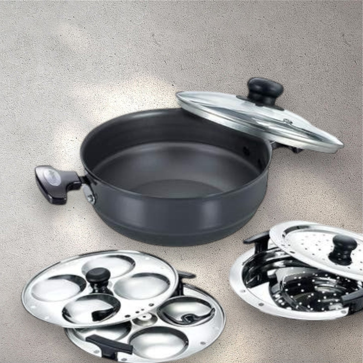 Prestige Hard Anodised Induction Base Multi-Kadai with Glass Lid (Dhokla Plate, Patra Plate, Idli Plates), (30610)